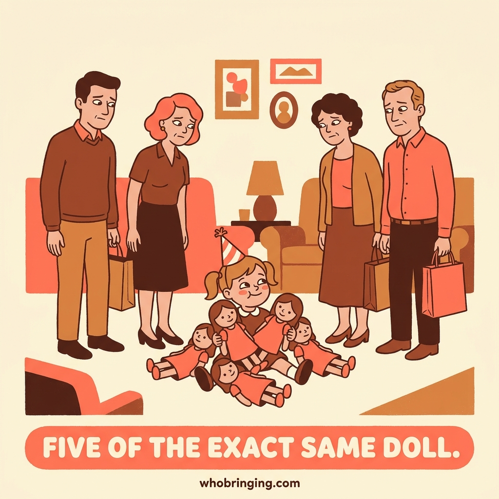 The birthday girl gets the same doll five times